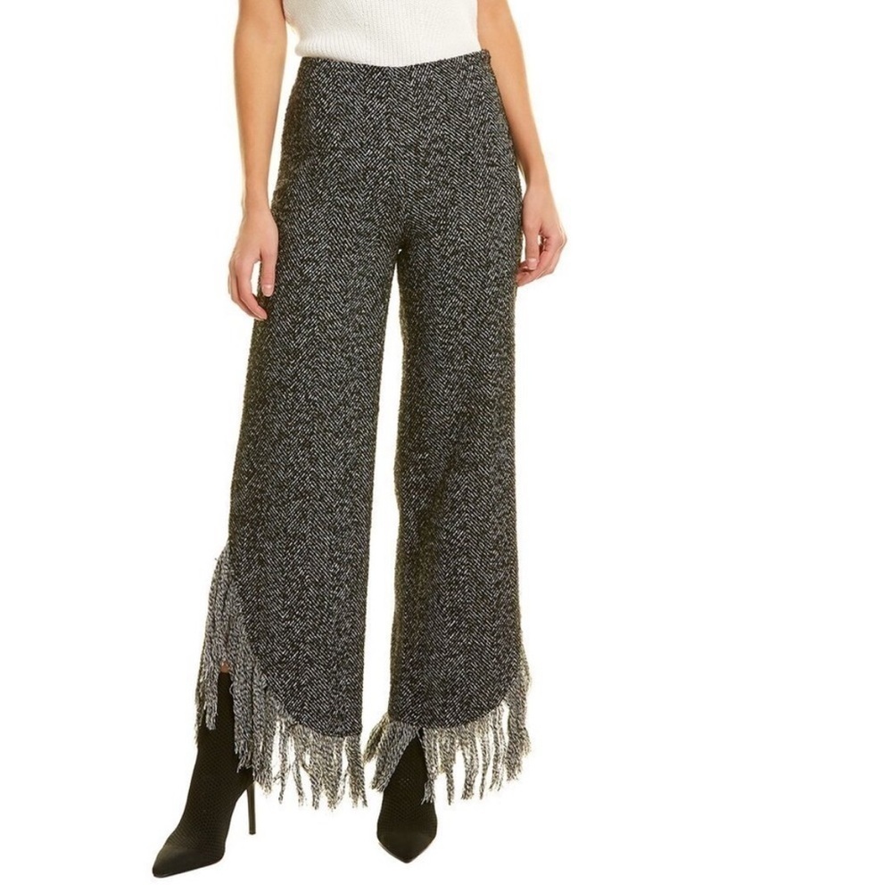 New Cinq a Sept Cassidy Fringe Hem Wide Leg Pants Tweed Sz 8